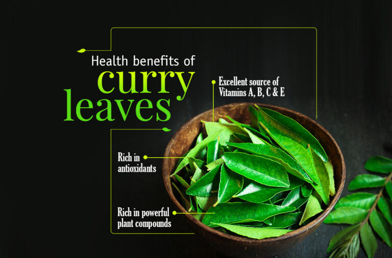 Bowl of curry leaves with health benefits text on a dark background