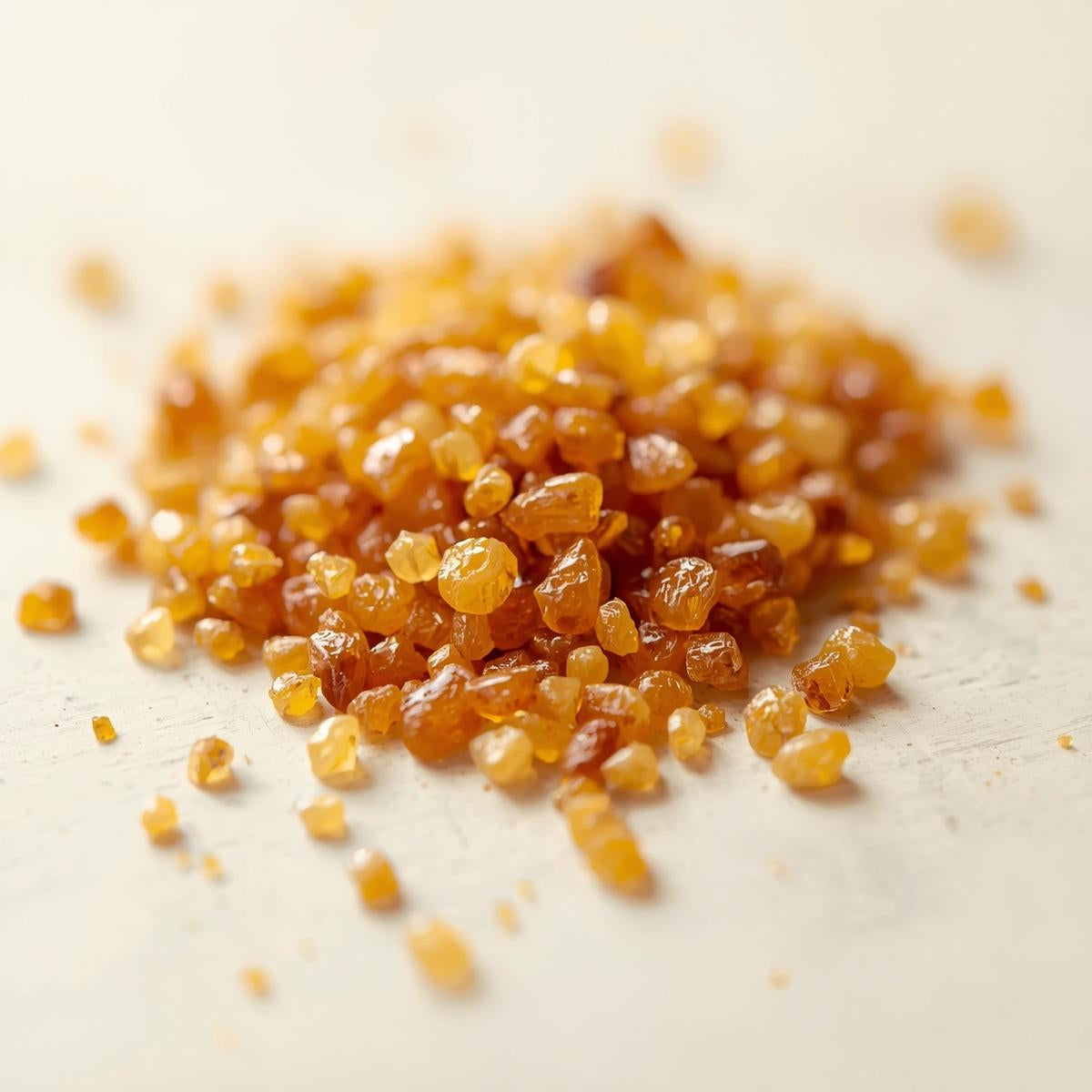 Close-up of amber-colored resin on a light background propolis عكبر صمغ النحل