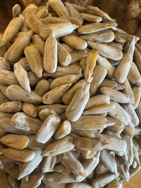 Close-up of sunflower seeds on a wooden surface